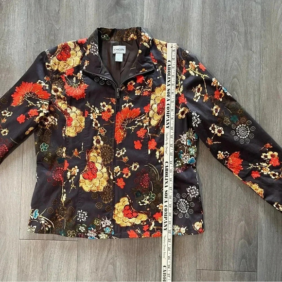 Chico’s Floral Full Zip Jacket Brown with orange blue and tan women’s small - Picture 7 of 8